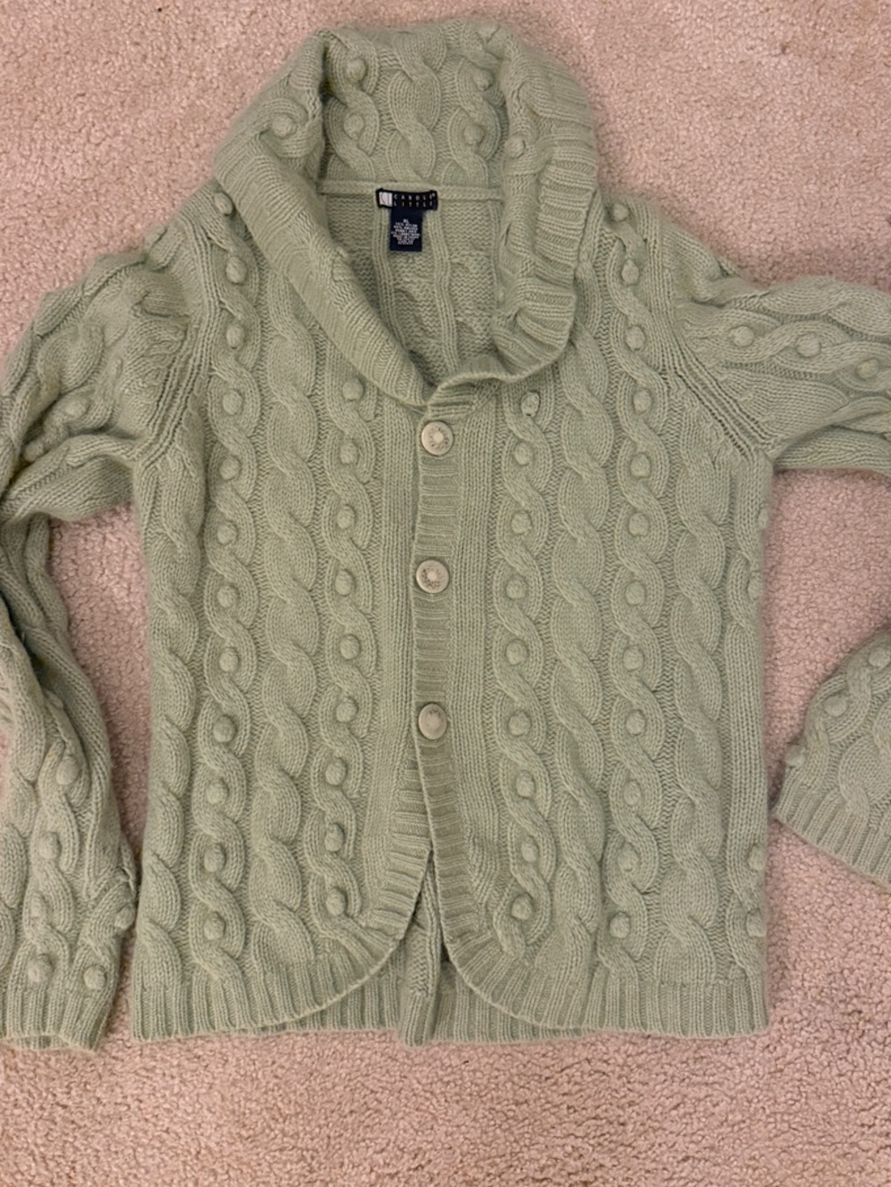 Carole Little Sage Green Cable-Knit Shawl Collar Cardigan